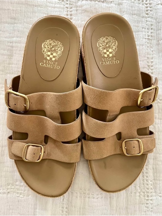 Vince Camuto Shoes - Vince Camuto Beige Suede Triple Buckle Slide Sandals